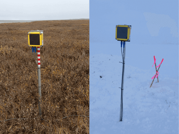 split image of beadedstream D505 datalogger installed in a Tundra - Summer on the right and Winter on the left